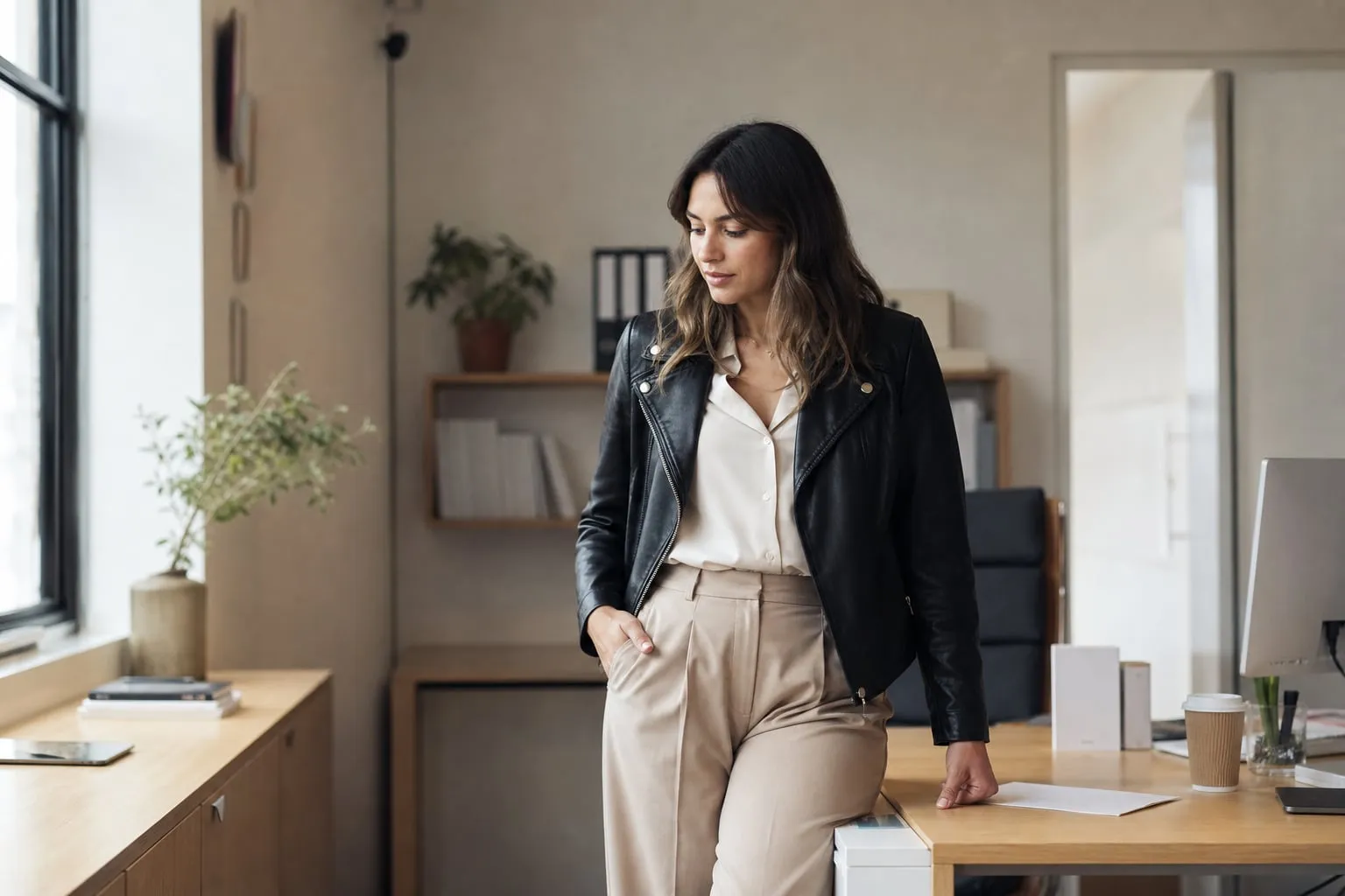 Como usar jaqueta de couro feminina no trabalho com leveza